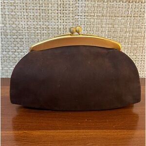 🌟HP🌟VTG 1950s-1960s Brown Faux Suede Beehive Kiss Clasp & Side Handle Bag USA